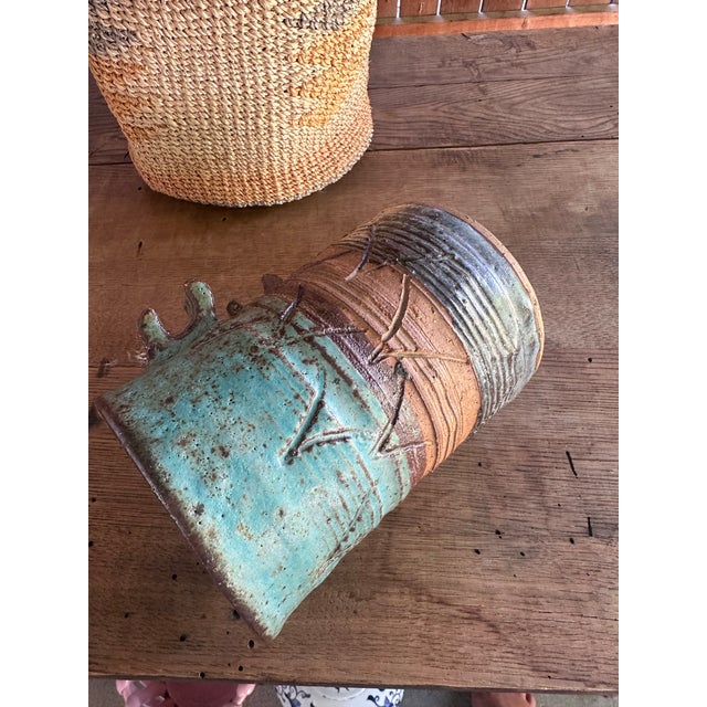 Handbuilt Textured Ceramic Vase: Green Brown Glaze Studio Pottery Sculpture For Sale - Image 11 of 12