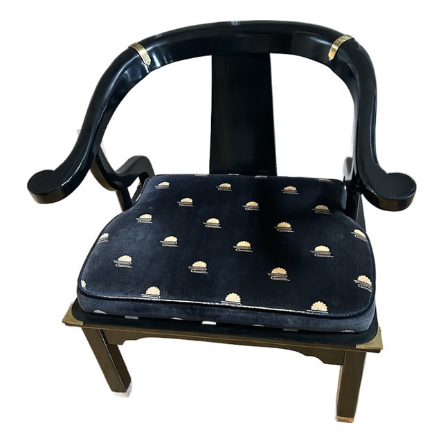 Vintage James Mont Style Black Lacquer & Brass Horseshoe Ming Chair by Century For Sale
