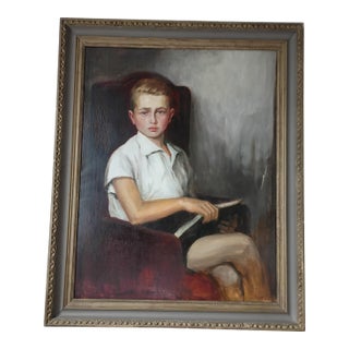 Early 19th Century Realism Seated Boy Portrait Oil Painting by Margot Clark (Signed "Vargoss") – 34" X 41 For Sale