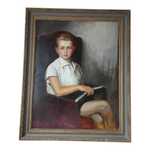 Early 19th Century Realism Seated Boy Portrait Oil Painting by Margot Clark (Signed "Vargoss") – 34" X 41