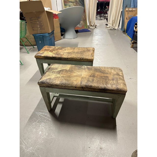 Antique Distressed Leather Painted Benches For Sale - Image 13 of 16
