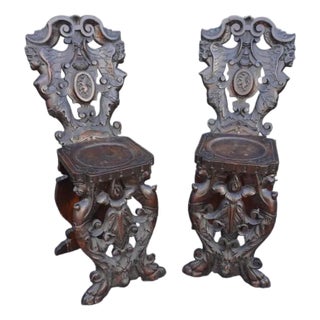 Early 20th Century European Gothic Carved Wood Chairs, Set of Two For Sale