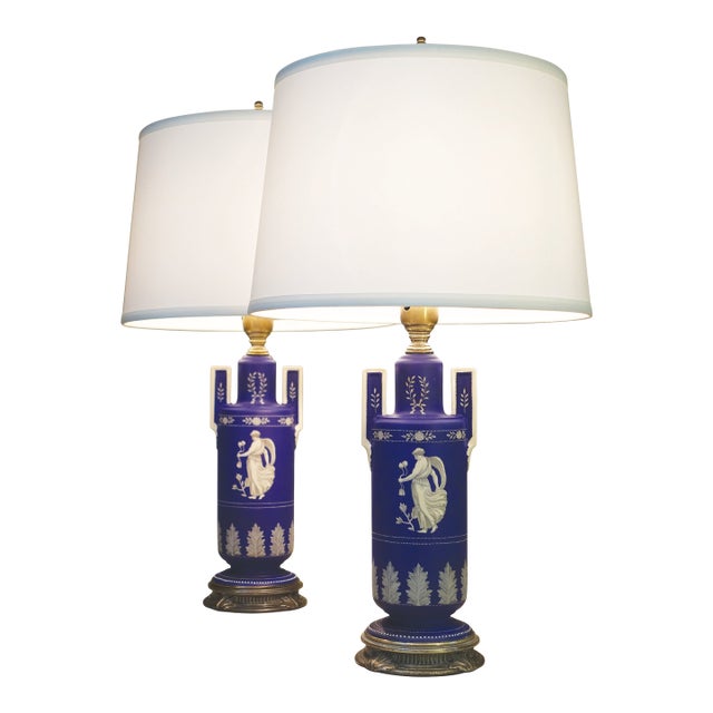 1930s Cobalt Noritake Wedgewood Jasperware Style Neoclassic Art Deco Table Lamps - a Pair For Sale