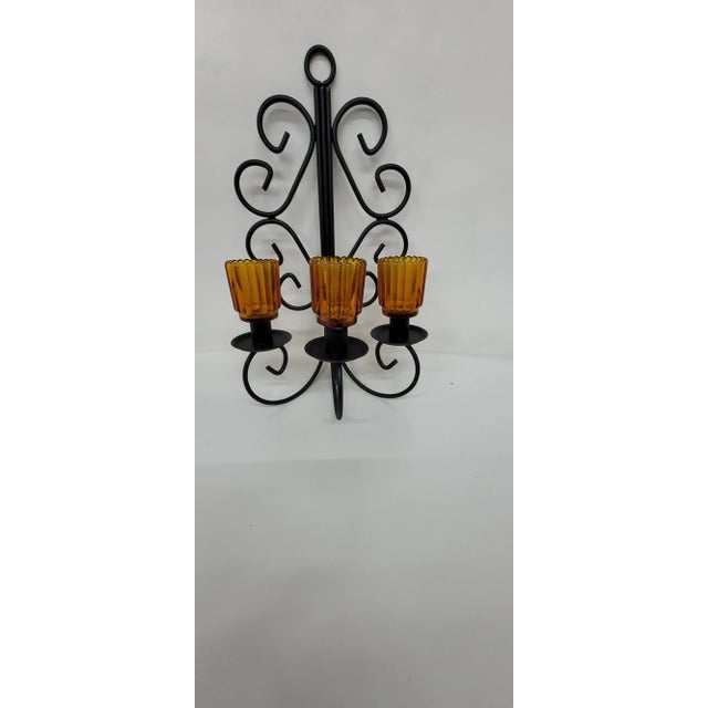 Mid-Century Metal Wall Sconce Wrought Iron Candelabra Gold Glass Globes For Sale - Image 4 of 9