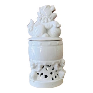Vintage Blanc De Chine Foo Dog Covered Incense Burner | White Porcelain Guardian Lion Jar | Chinese Chinoiserie Decor For Sale