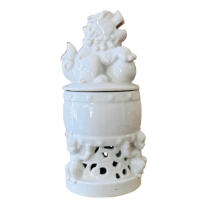 Vintage Blanc De Chine Foo Dog Covered Incense Burner | White Porcelain Guardian Lion Jar | Chinese Chinoiserie Decor