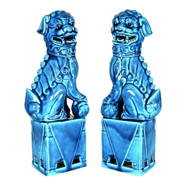 1960's Turquoise Glazed Ceramic Foo Dogs, Pair For Sale