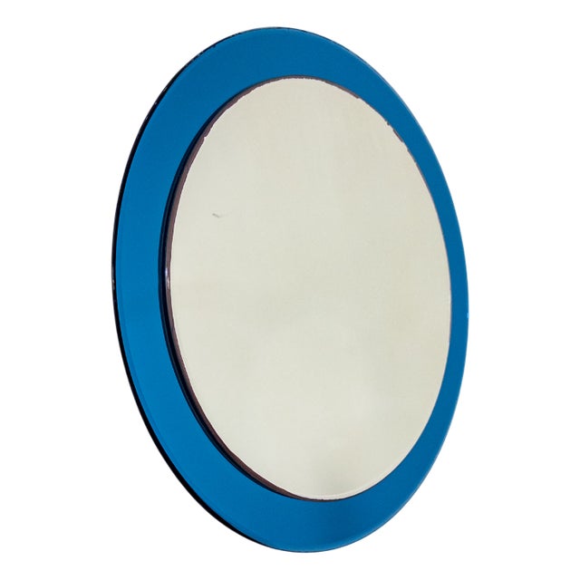 Vintage Italian Round Mirror in Blue Glass and Patina, 1970s For Sale