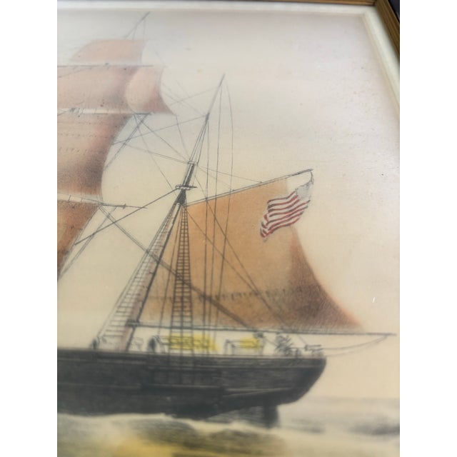 Off-white Currier & Ives “The Celebrated Clipper Bark Grapeshot Belonging to Geo. Law Esq. n.y.” Hand Colored 1855 Lithograph in Original Frame For Sale - Image 8 of 10