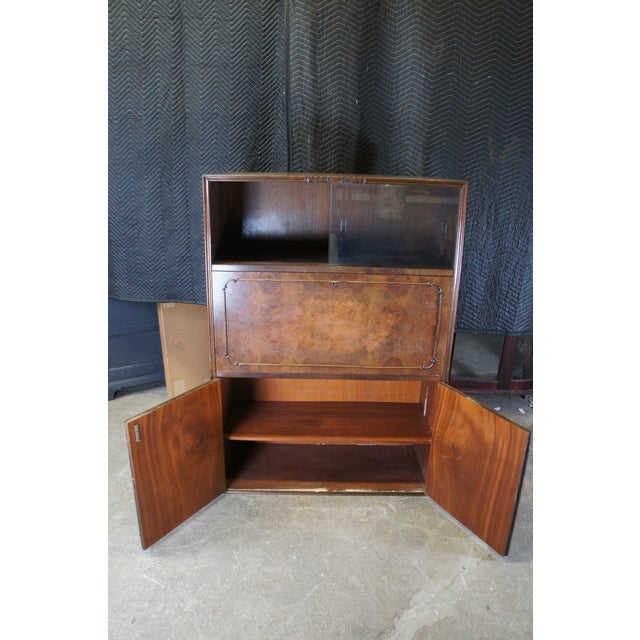 1940s 1940s Mid Century Walnut Burl Carved Secretary Writing Desk Bookcase Bureau Cabinet For Sale - Image 5 of 12