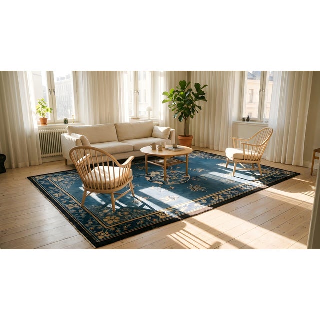 Navy Blue Extraordinary Blue Color With Delicate Flower Design Antique Chinese Peking Rug For Sale - Image 8 of 8