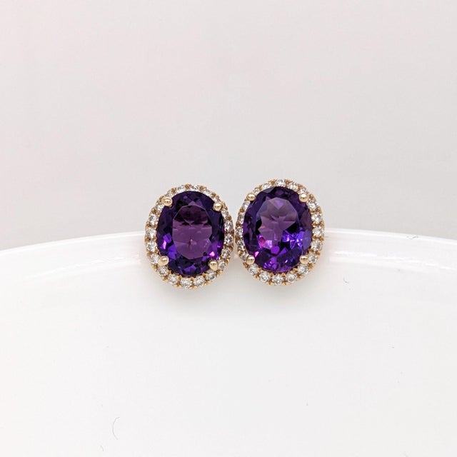 5ct Oval Amethyst Diamond Stud Earrings: Solid 14k Gold, Oval 10x8mm, Pair For Sale - Image 4 of 9