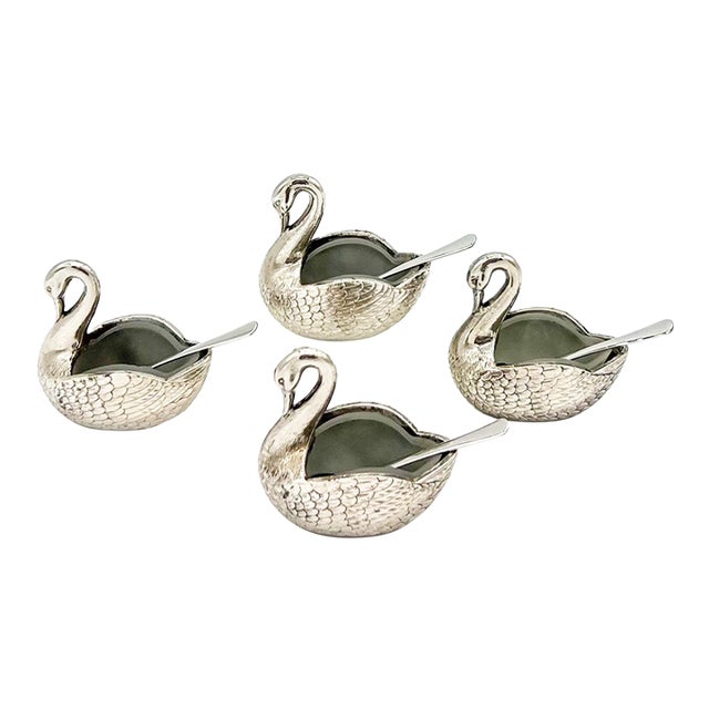 Set of Four Silver -Plated Swan Salt Cellars With Glass Inserts and Spoons — Vintage Tableware, Hollywood Regency Style For Sale
