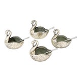 Vintage Hollywood Regency Style Silver -Plated Swan Salt Cellars With Glass Inserts and Spoons - Set of Four For Sale