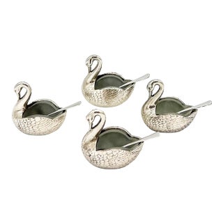 Vintage Hollywood Regency Style Silver -Plated Swan Salt Cellars With Glass Inserts and Spoons - Set of Four For Sale