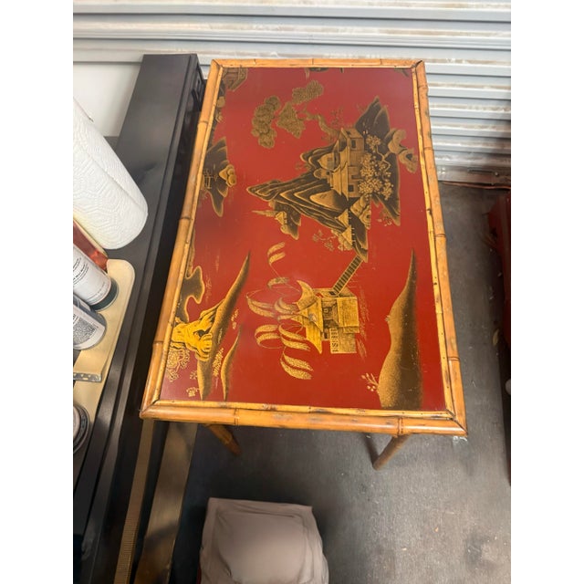 Victorian Victorian Chinoiserie & Burnt Bamboo Red Lacquer Side Table Desk For Sale - Image 3 of 8