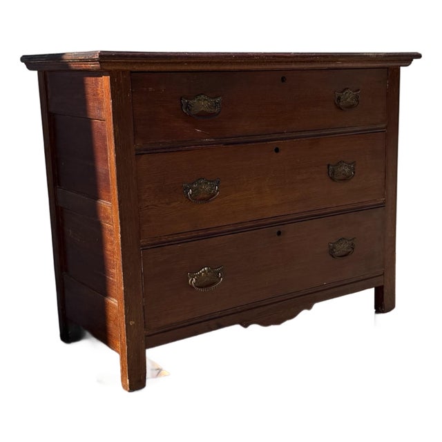 Antique Victorian Arts & Crafts Oak Chest of Drawers With Decorative Brass Pulls, Circa 1900 For Sale