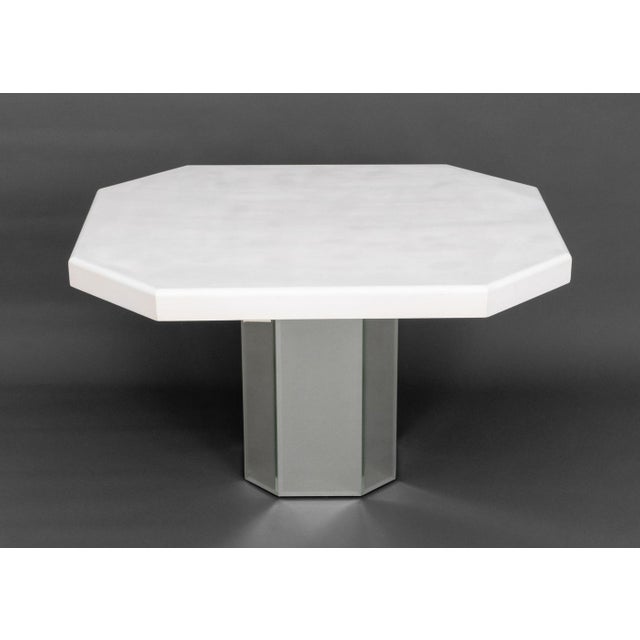 Modern White Painted and Mirrored Pedestal Table, octagonal white painted wood top above cylindrical mirrored base. 28.25"...