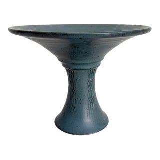 Vintage French Blue Stoneware Pedestal Bowl For Sale