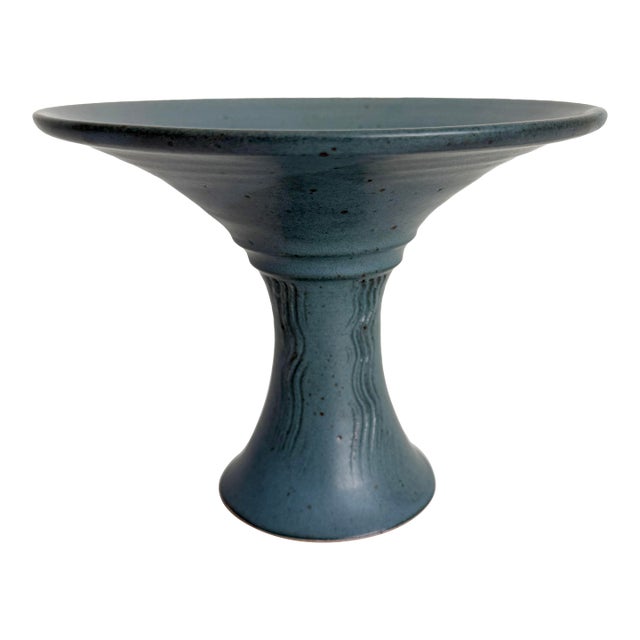 Vintage French Blue Stoneware Pedestal Bowl For Sale