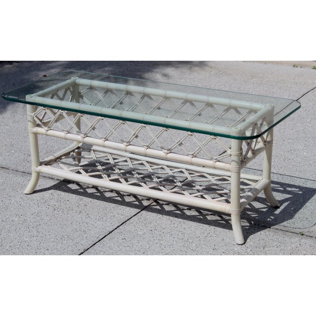 Vintage 1970s Coastal Rattan Coffee Table With Turquoise Glass Top and Cream-Colored Cane Frame For Sale - Image 4 of 12