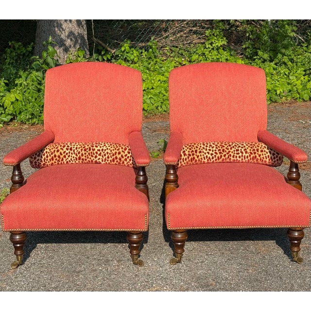 George Smith Edwardian Chairs in a herringbone knit patterned fabric with varying tones of pink. The chairs are...