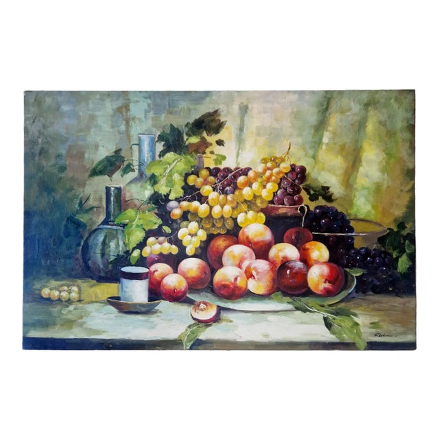 Mid-20th Century Signed F. Lebon - Still Life With Grapes and Peaches, Oil on Canvas For Sale