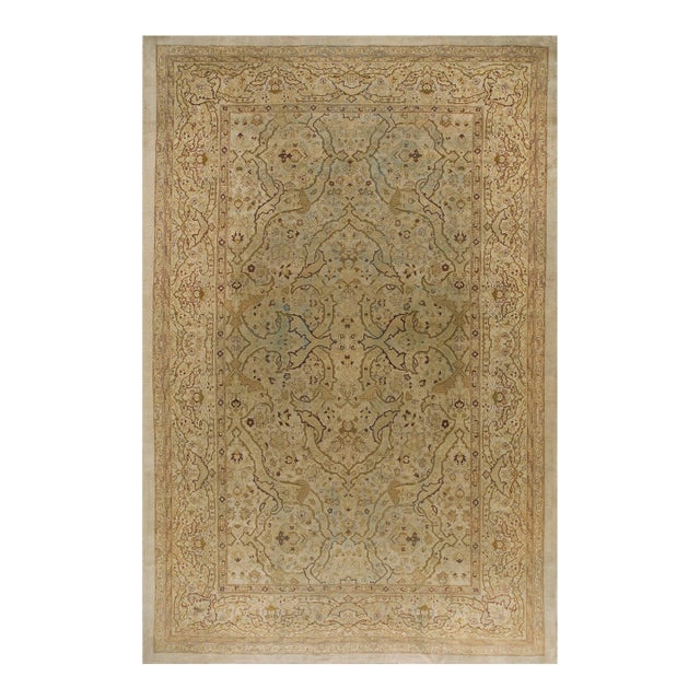 1890s Beige Floral Antique Hand Knotted Indian Amritsar Rug 11' X 17' Wool Carpet For Sale