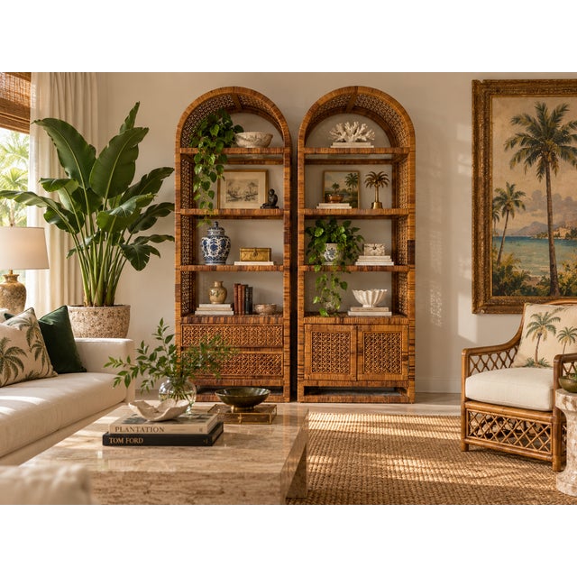 Beautiful pair of vintage Palm Beach Regency étagères featuring elegant arched tops, intricate woven rattan detailing, and...