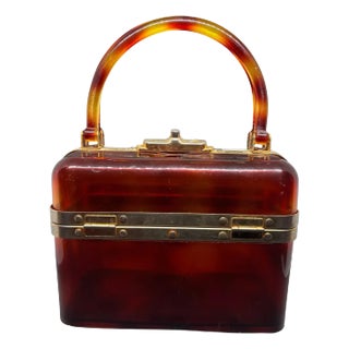 1970s Vintage Fake Tortoise Shell Lucite and Gilded Metal French Hand-Bag For Sale