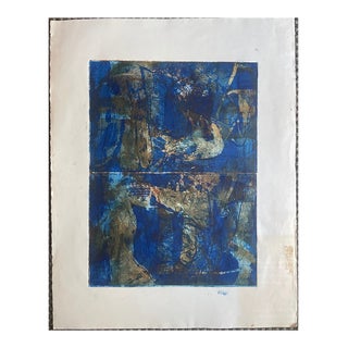 Vintage Deep Blue Etching by Alfred Ng, From 1977 For Sale