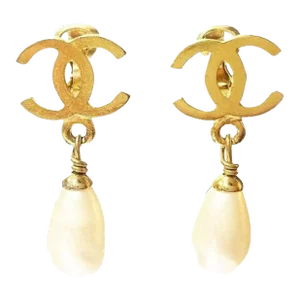 Vintage Chanel Gold Plated CC Pearl Dangle Clip on Earrings - 2 Pieces