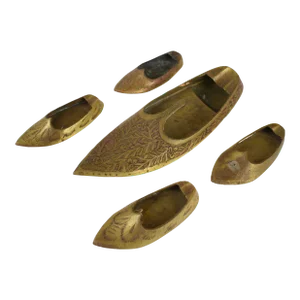 Mid 20th Century Hand Engraved Solid Brass Single Slipper Shoe Ashtrays - 5 Pieces