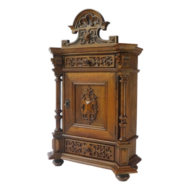 Antique German Carved Wooden Apothecary Cabinet with Floral Details, 1900s For Sale
