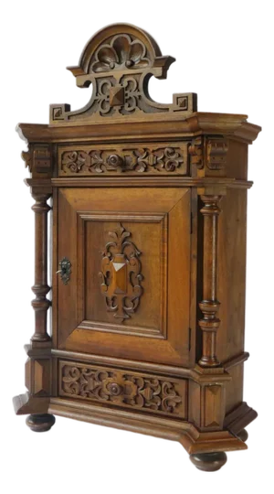 Antique German Carved Wooden Apothecary Cabinet with Floral Details, 1900s