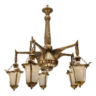 Art Deco Bronze and Frosted White Glass Five-Light Chandelier, France, 1925 For Sale