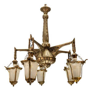 Art Deco Bronze and Frosted White Glass Five-Light Chandelier, France, 1925