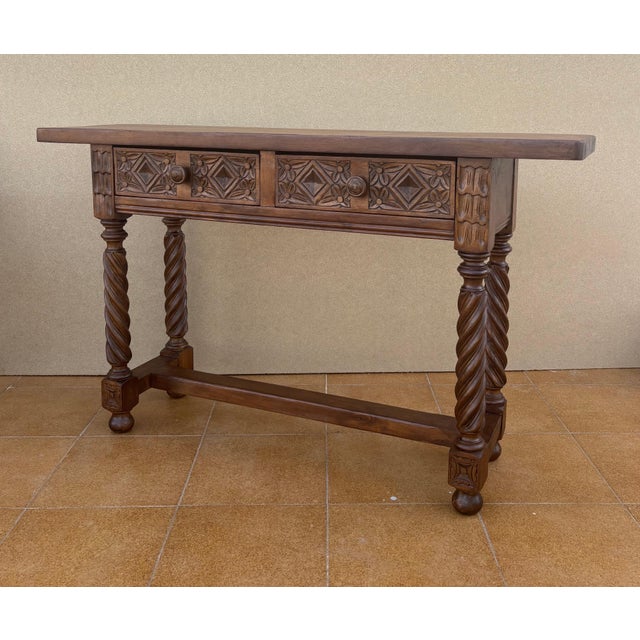 Spanish Carved Console Table with Barley Twist Legs and Two Drawers, 1930s For Sale - Image 4 of 12