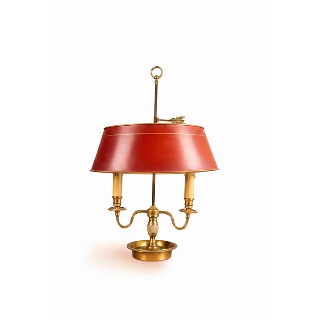 French Bouillotte Two-Light Table Lamp in Brass with Red Tôle Shade, 1930s For Sale - Image 13 of 13