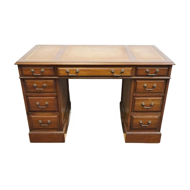 French Country Sligh Lowry Solid Pine Early American Country Style 46" Double Pedestal Writing Desk W. Tooled Leather Top For Sale - Image 3 of 12