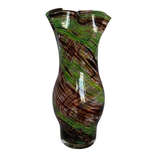 Murano Brown Green Swirl Ruffled Art Glass Vase For Sale
