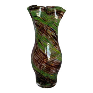 Murano Brown Green Swirl Ruffled Art Glass Vase
