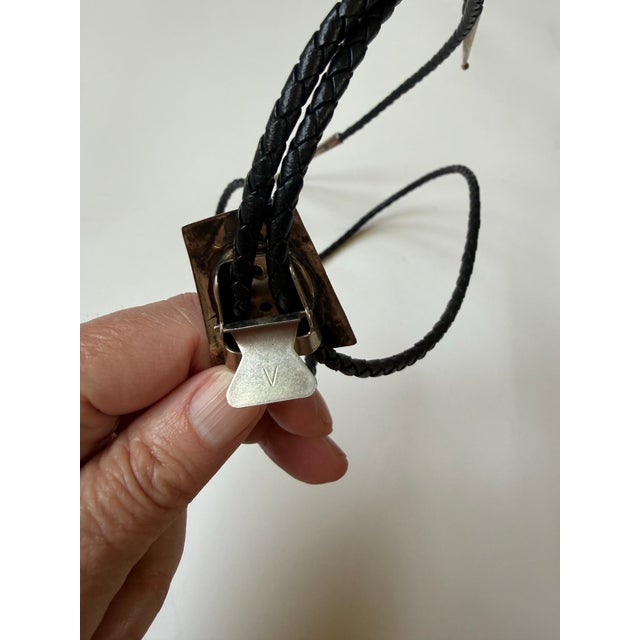 Metal Native American Turquoise Style, Malachite & Onyx Inlaid Silver Bolo Tie 1960s For Sale - Image 7 of 8