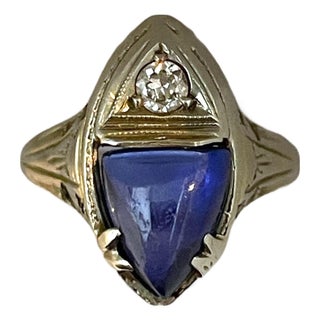 Mid 20th Century 18k White Gold Marquise Sapphire With Diamond Ring, Size 5.5 For Sale