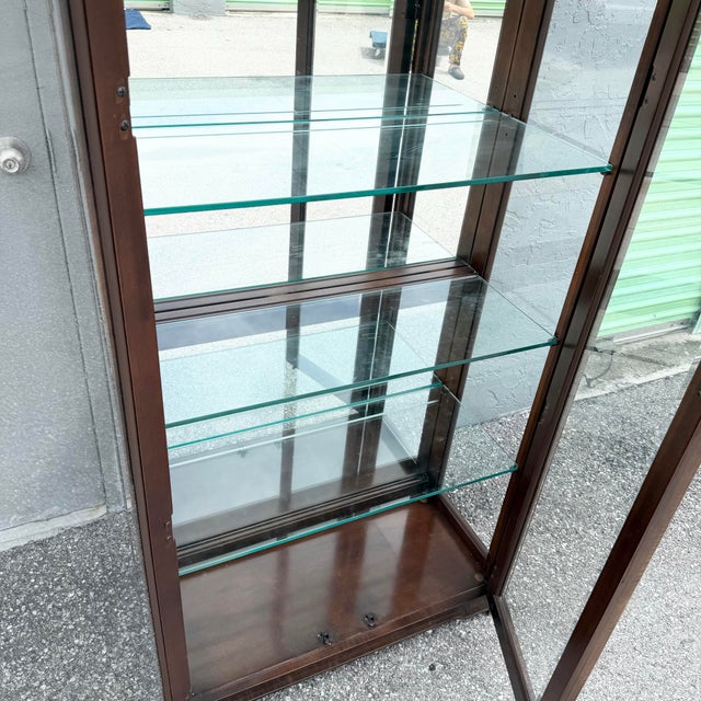 Wood Vintage Campaign-Style Wood and Brass Lighted Curio Display Cabinet For Sale - Image 7 of 10