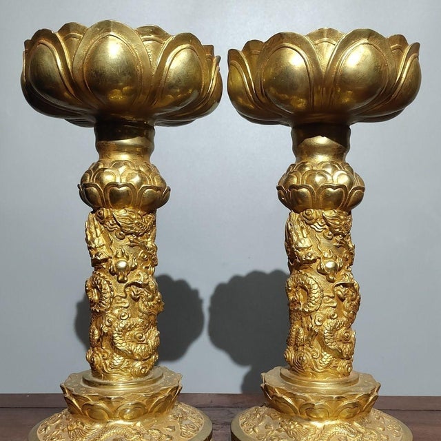 Traditional Late 20th Century Pair of Gilt Bronze Dragon Pillar Candle Holders For Sale - Image 3 of 10