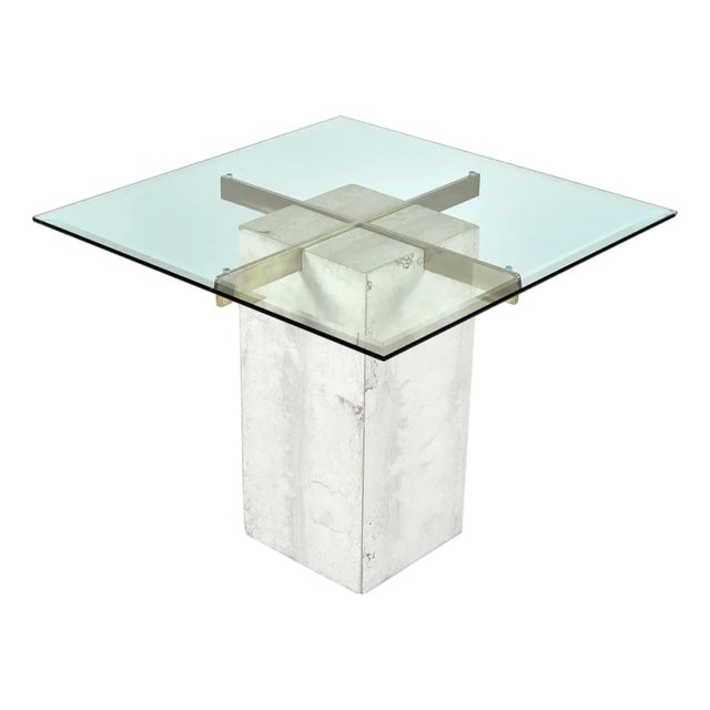 Travertine Stone and Brass Pedestal Side Table With Square Glass For Sale