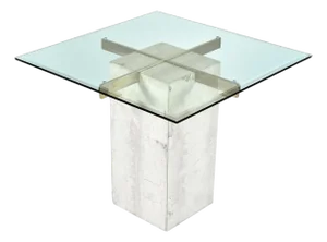 Travertine Stone and Brass Pedestal Side Table With Square Glass