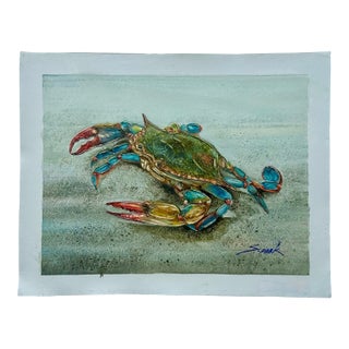 Blue Crab Coastal Oil Painting on Canvas, Unstretched, by S. Park For Sale