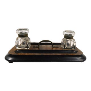 Wooden Desk Organizer With Two Crystal Inkwells For Sale